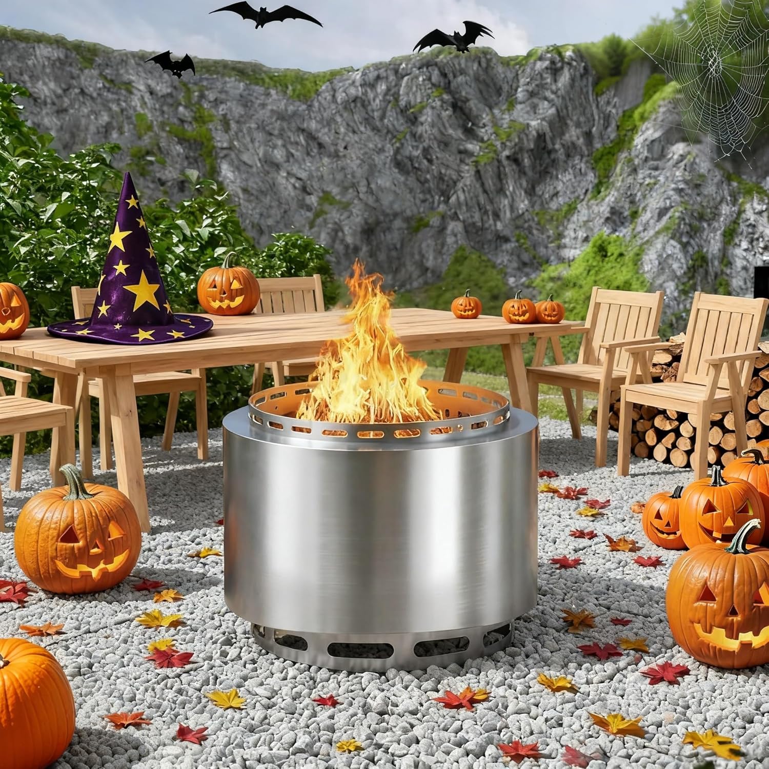 Gotland 19 inch Smokeless Fire Pit Stove with Ash Poker & Carry Bag, Outdoor Stainless Steel Portable Wood Burning Fireplace for Camping and Picnic - Silver