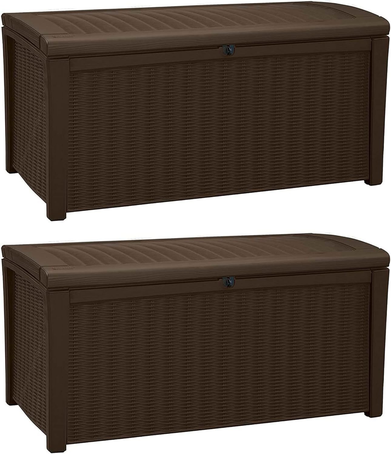Keter 2-Pack Borneo 110 Gallon Deck Box Organizer, Doubles as 2-Person Bench Seat, Brown – Large Resin Outdoor Storage and Seating with Lockable Lid for Garden, Pool, and Patio