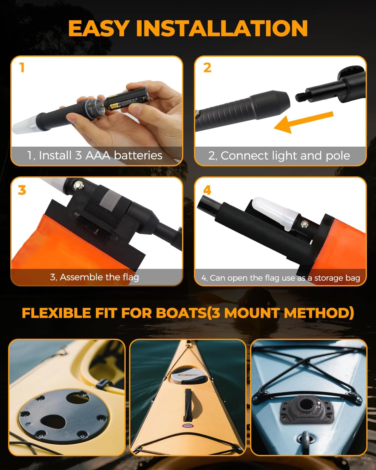 Tavaray Kayak Lights With Orange Flag Pole Kit, 360° Led White Boat Lights, 55.5