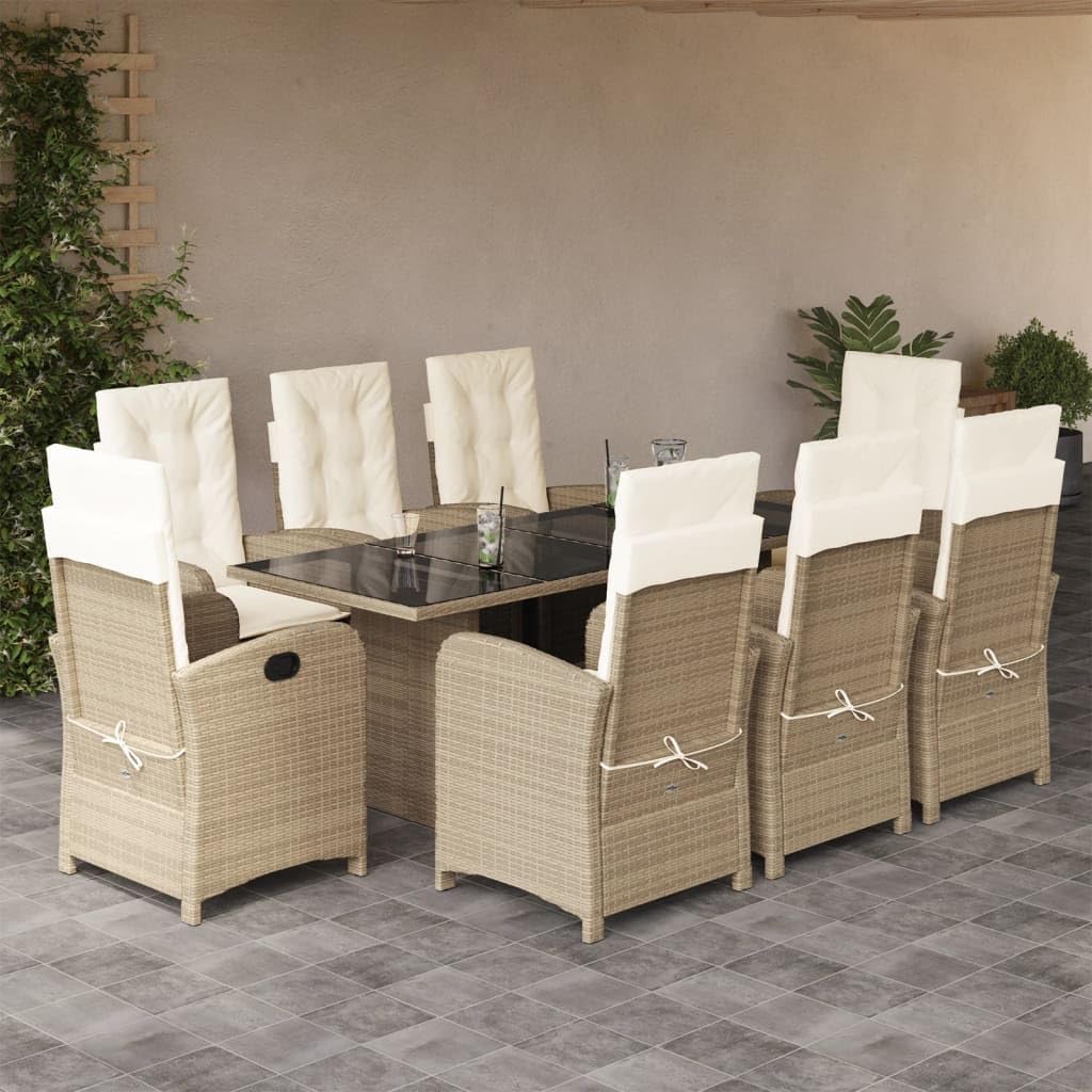 9 Piece Patio Dining Set with Cushions Beige Poly Rattan,AllWeather Outdoor Rattan Dining Set with Adjustable Backrest Chairs and Glass Tabletop Furniture Sets for Patio, Lawn & Garden