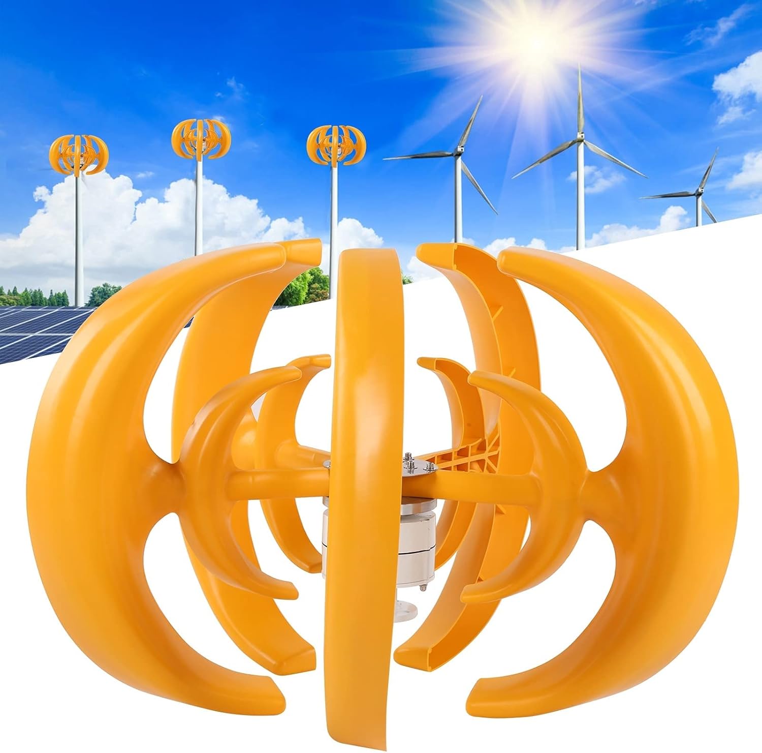 12V 24V 48V Vertical Axis Wind Turbines Generator Kit,9000W 5 Blades AC Vertical Wind Turbine Generator with MPPT Controller (Yellow)