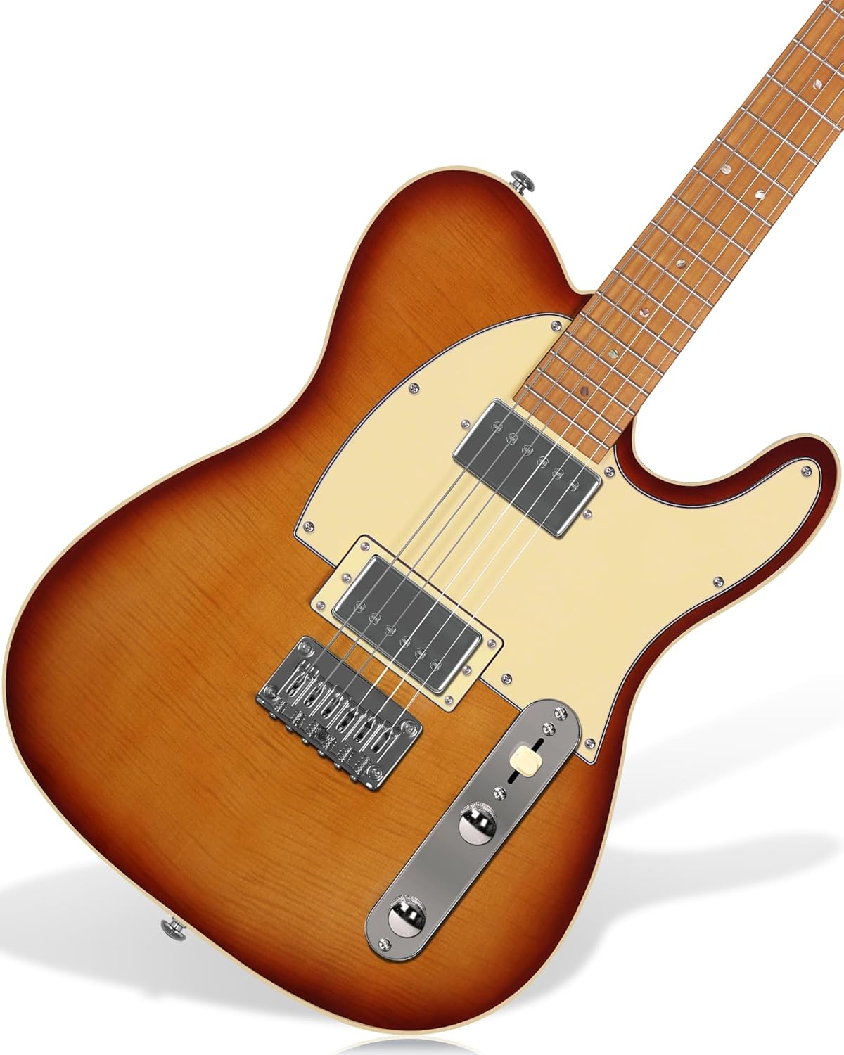 AKLOT Modern TL Electric Guitar – Dual Humbucker with Coil Split, Roasted Maple Neck & Flame Maple Top, Locking Tuners, Beginner & Intermediate Guitar, Inferno Burst