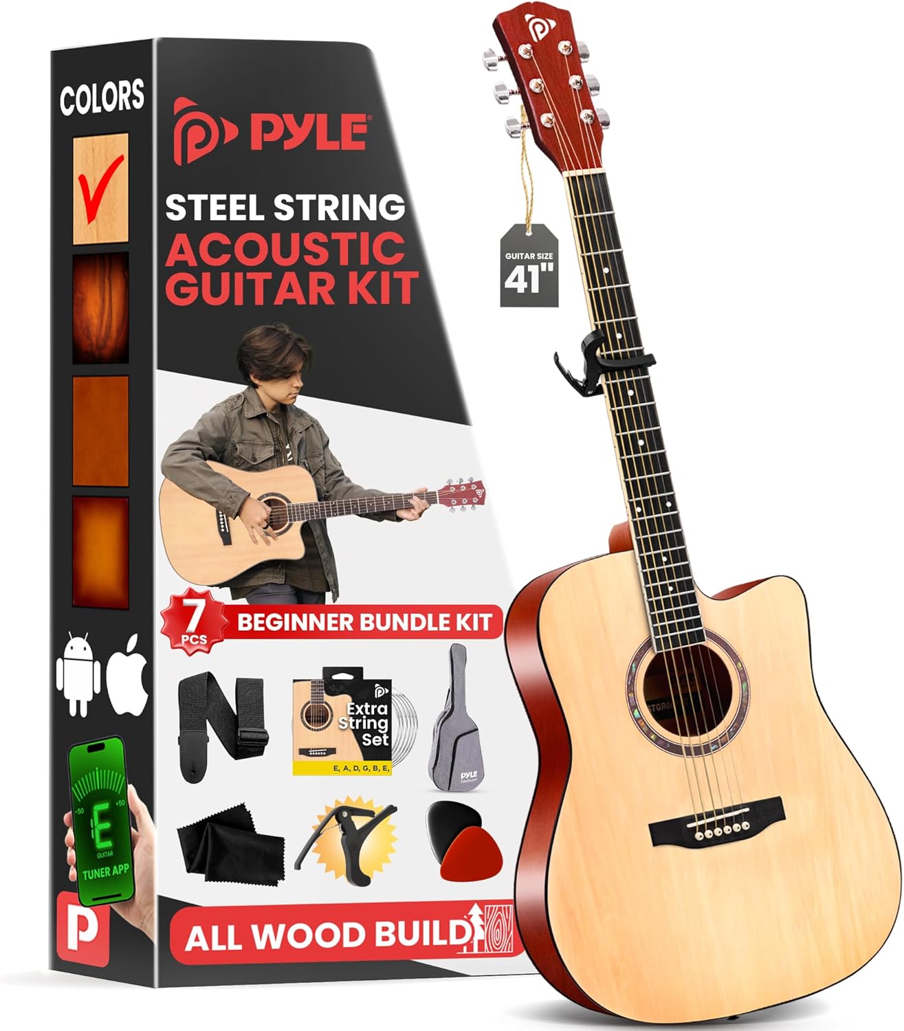 Pyle Beginner Cutaway Acoustic Guitar Kit, 4/4 Full Size All Wood Dreadnought Stringed Instrument with Gig Bag, Steel Strings, Picks, Strap, Capo, For Students and Adults, Natural