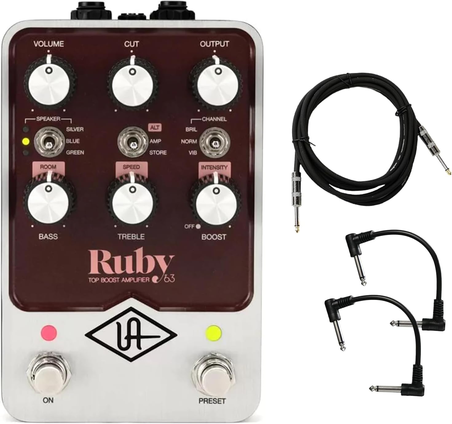 Universal Audio UAFX Ruby '63 Top Boost Amplifier Pedal - Bundle with Instrument Cable and 2 Patch Cables