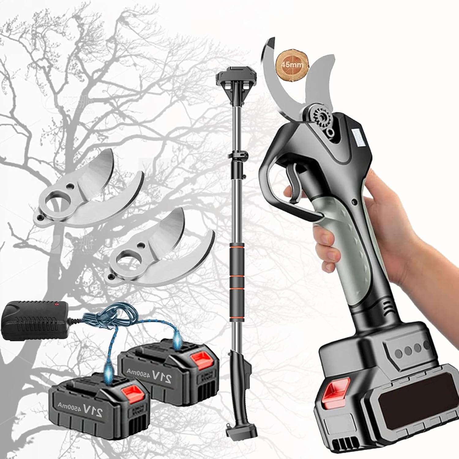 Electric Pruning Shears with Pole, Professional Cordless Pruning Shears with 2.1m High Reach Extension Pole, 45mm Cutting Diameter, Rechargeable Garden Fruit Tree Flowering Bushes Trimmer,2Battery