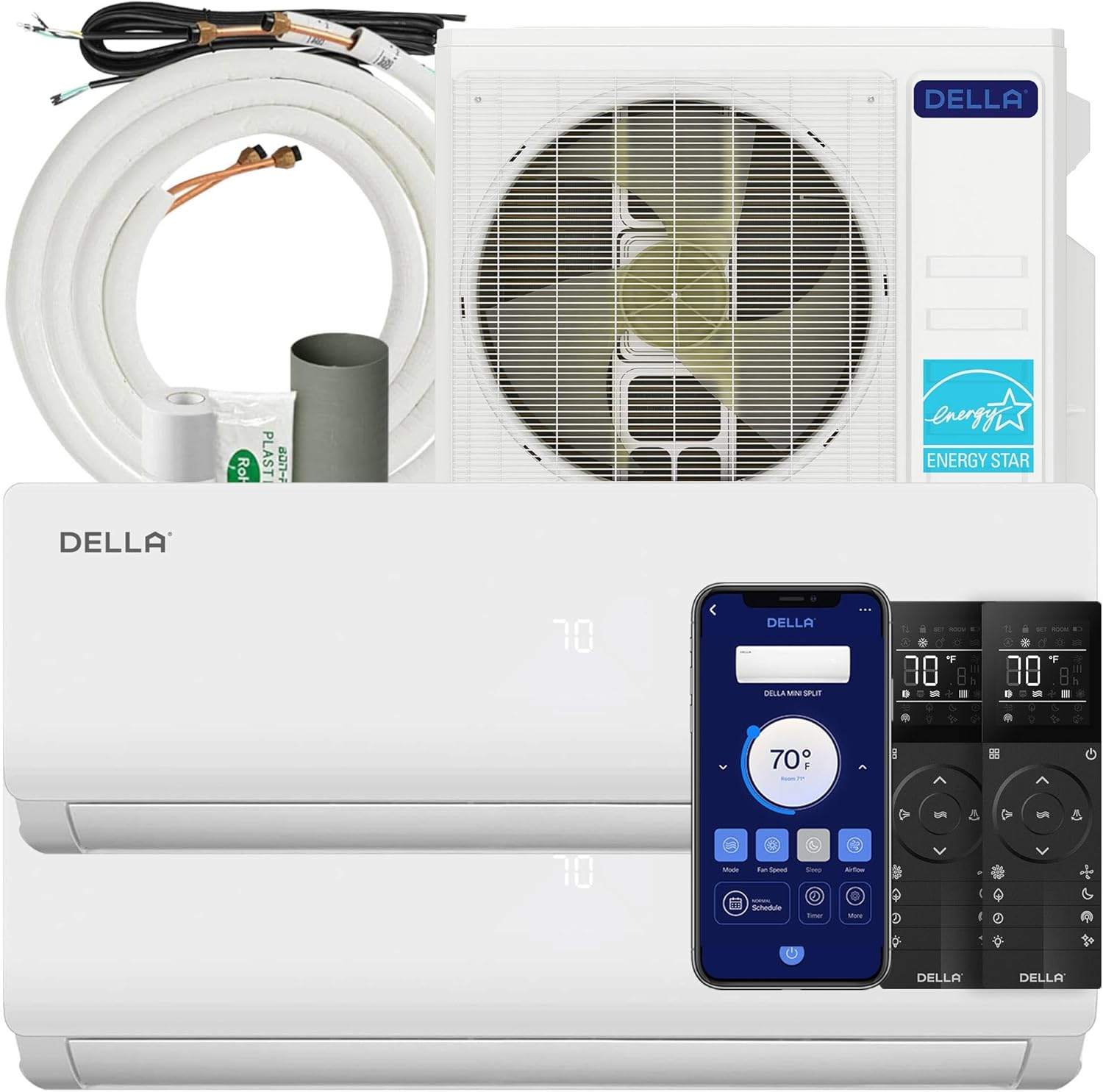 DELLA 28K BTU ODU 2 Dual Zone 18K 18K BTU Wifi Mini Split AC & Heat Pump Work with Alexa 20 SEER2 208-230V Cools Up to 2000Sq.Ft, Energy Efficient, Ductless Pre-Charged,16ft Installation Kits