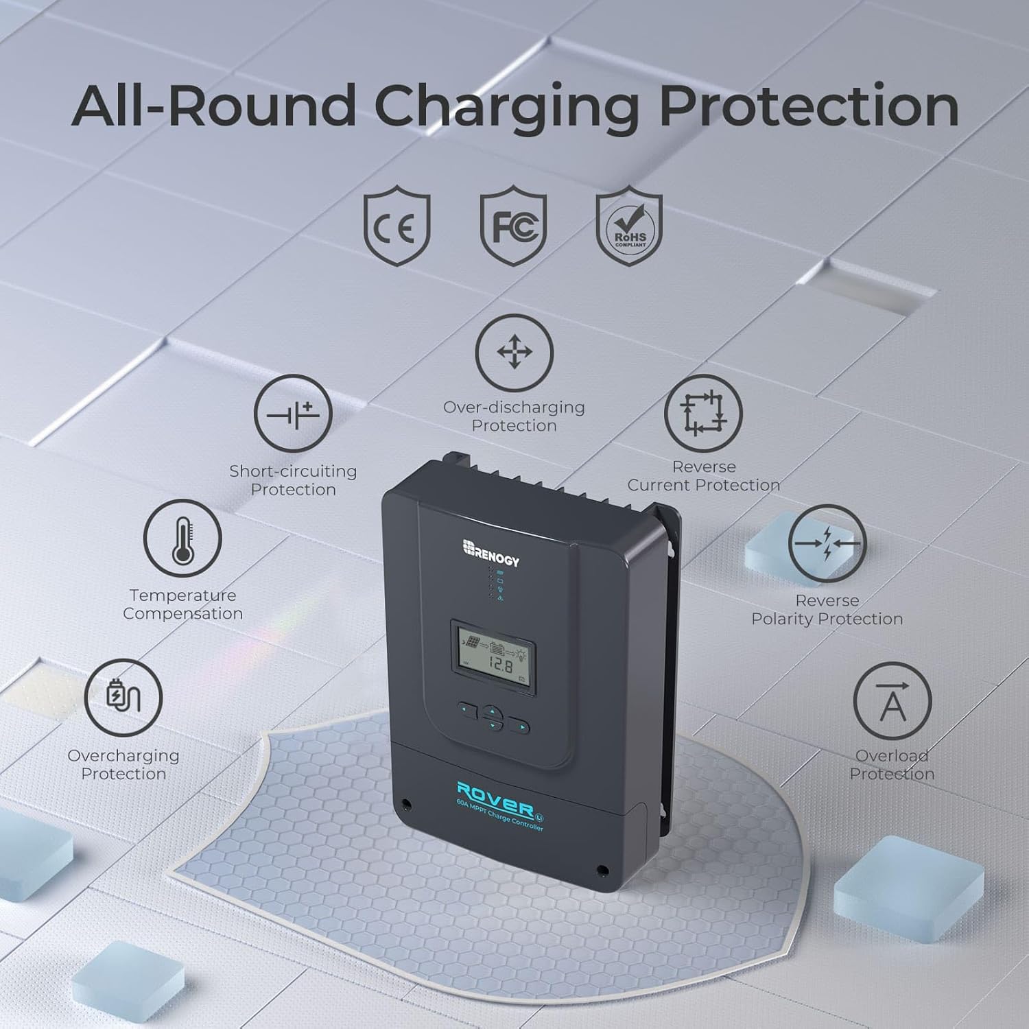 Renogy Charge Controller-Rover 60A MPPT 12V/24V/36V/48V Auto-Detect LCD Display | 99.9% Efficiency for Gel/Flooded/Lithium Batteries | Dual-Peak Tracking & Modbus Support (60A 12V/24V/36V/48V)