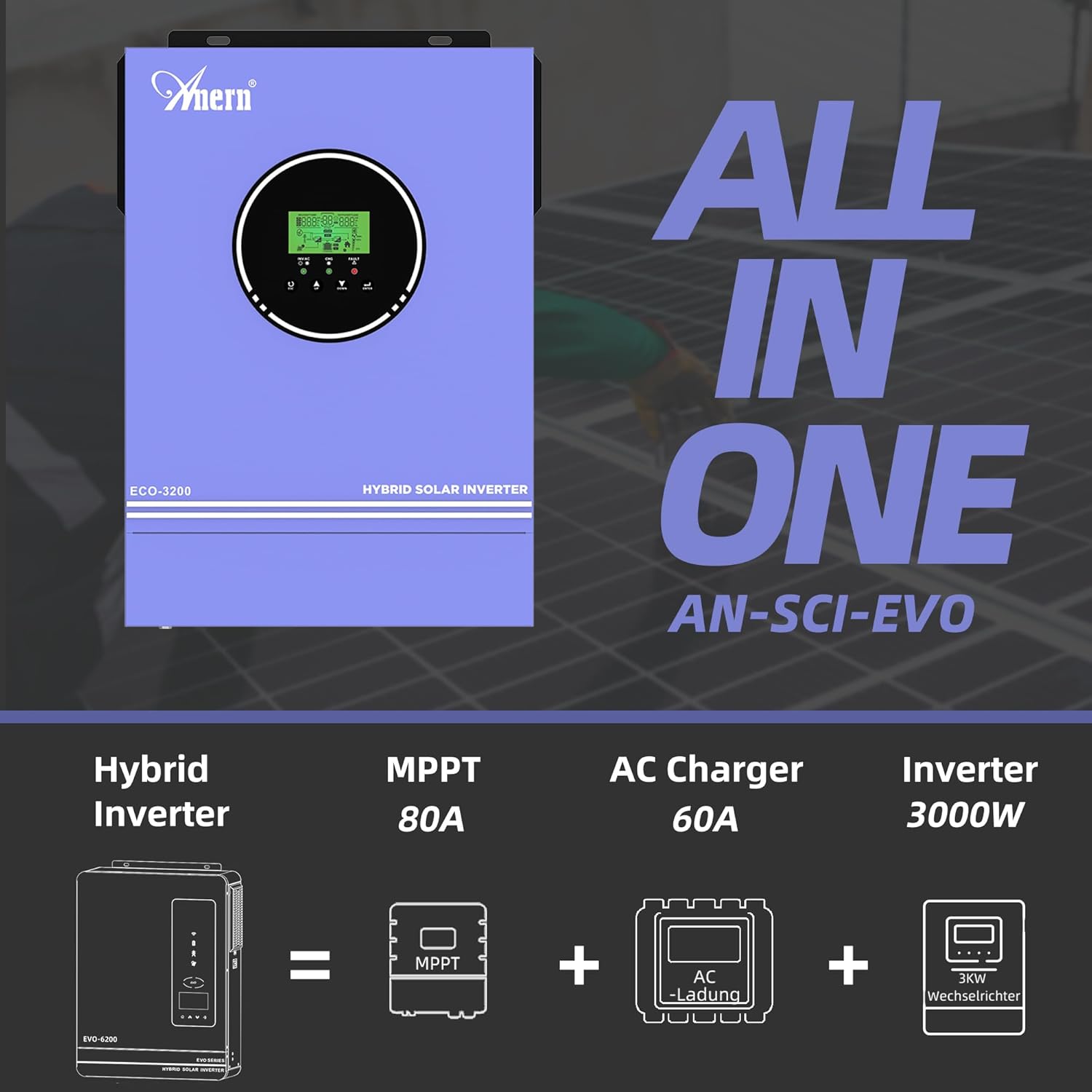 Anern 3200W Solar Hybrid Inverter, Pure sine Wave Inverter 24V DC to 220-230V AC, Built-in 80A MPPT Solar Charge Controller, Fit for 24V Lithium Lead-Acid Gel or Battery-Less