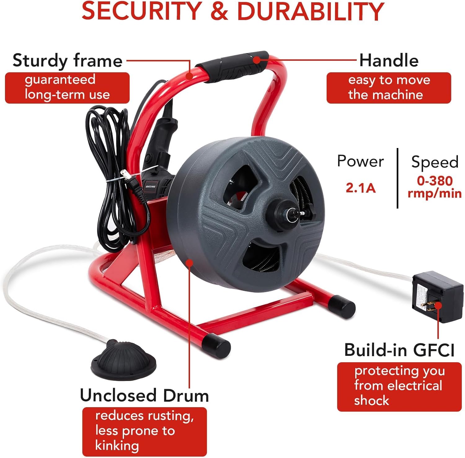 Drain Cleaner Machine 50Ft x 5/16 Inch, Electric Drain Auger Professional, Foot Switch with 6 Cutters, Glove, Drain Auger Cleaner Sewer Snake for 3/4 to 3 Inch Pipes