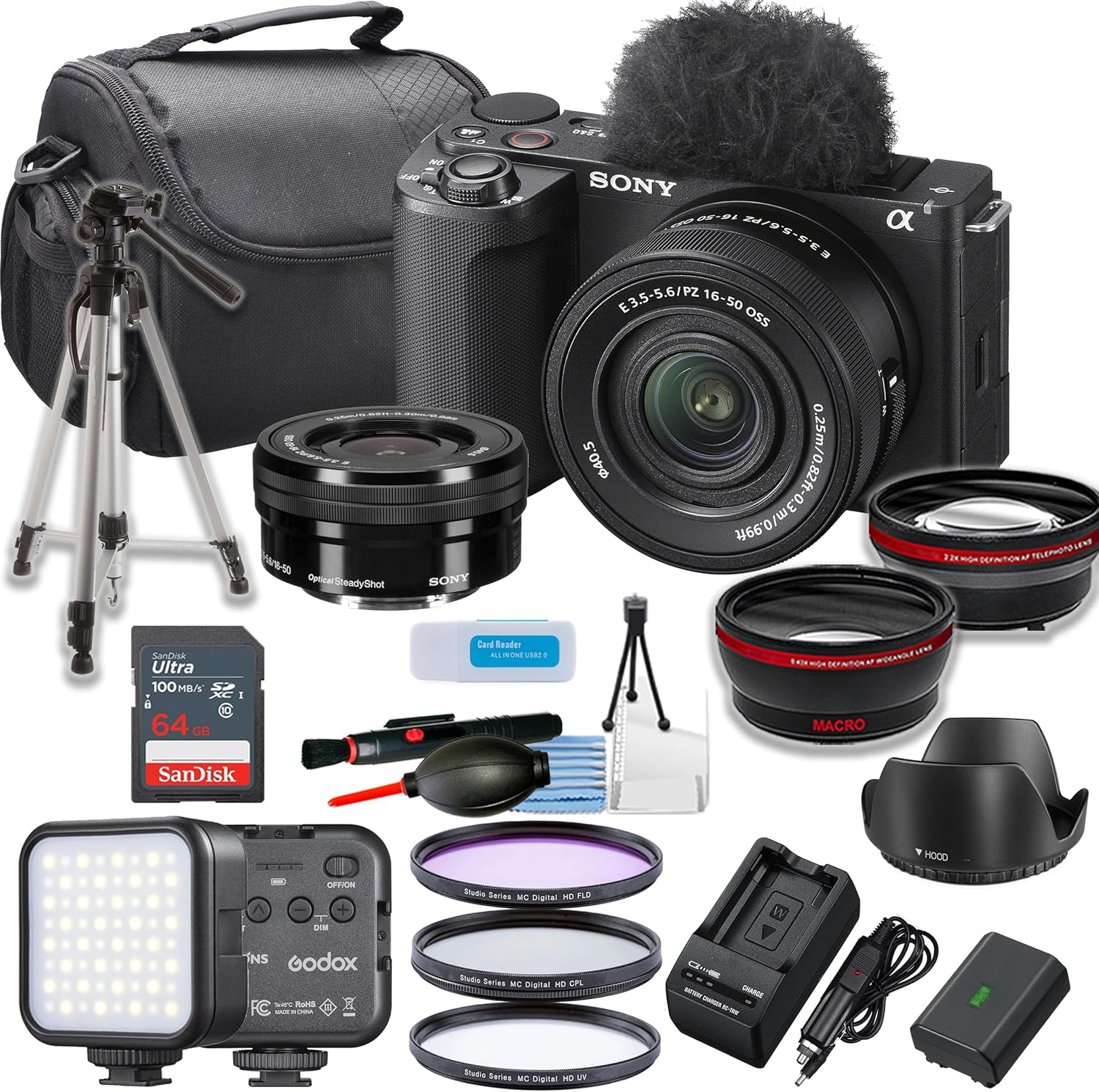 Sony ZV-E10 II Mirrorless Camera with 16-50mm Lens (Black) Vlogging/Video Creator Bundle with Portable LED Light, 64Gb Memory Card, Tripod, Filter Kit, Cleaning Kit + Accessories (Renewed)