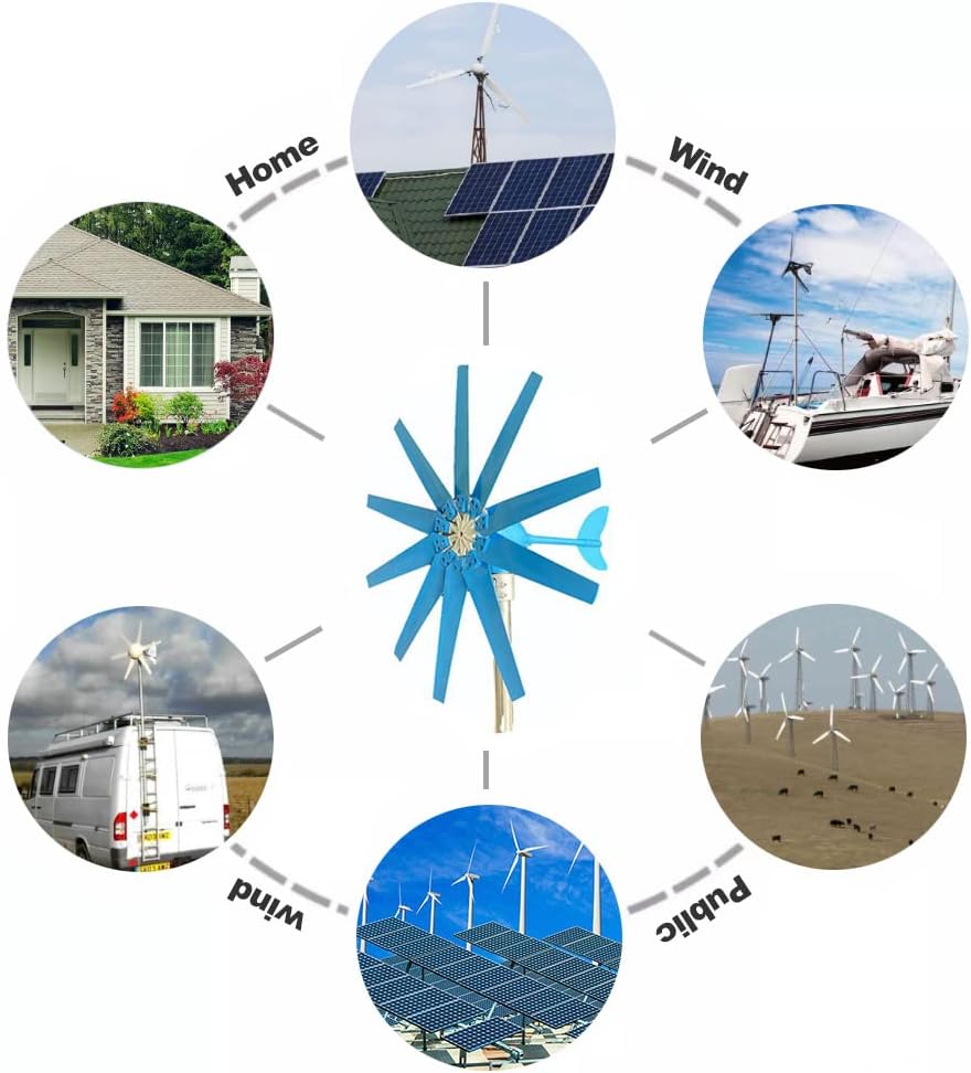 No Noise14000W Wind Turbine Generators Kit, 12V 24V 48V 10-Blade Vertical Axis Wind Turbine Generator with Axis Controller(Blue)