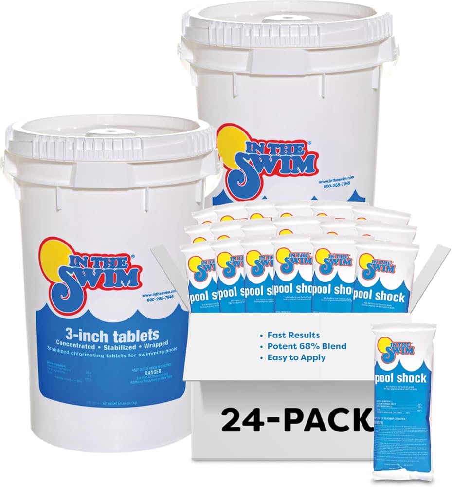 In The Swim Chlorine and Shock Bundle for Sanitizing Swimming Pools – Includes (2) 50 Pound Buckets of 3 Inch Stabilized Chlorine Tablets and 24 x 1 Pound Bags of 68% Cal-Hypo Pool Shock