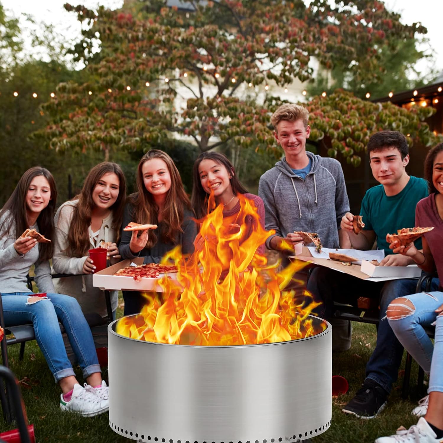 Outdoor Fire Pit Smokeless with Air Switch, Portable Stainless Steel Firepit for Camping Backyard Patio Bonfire - 360° Wide Warmth, Removable Ash Pan, Wood Burning Stove - Silver