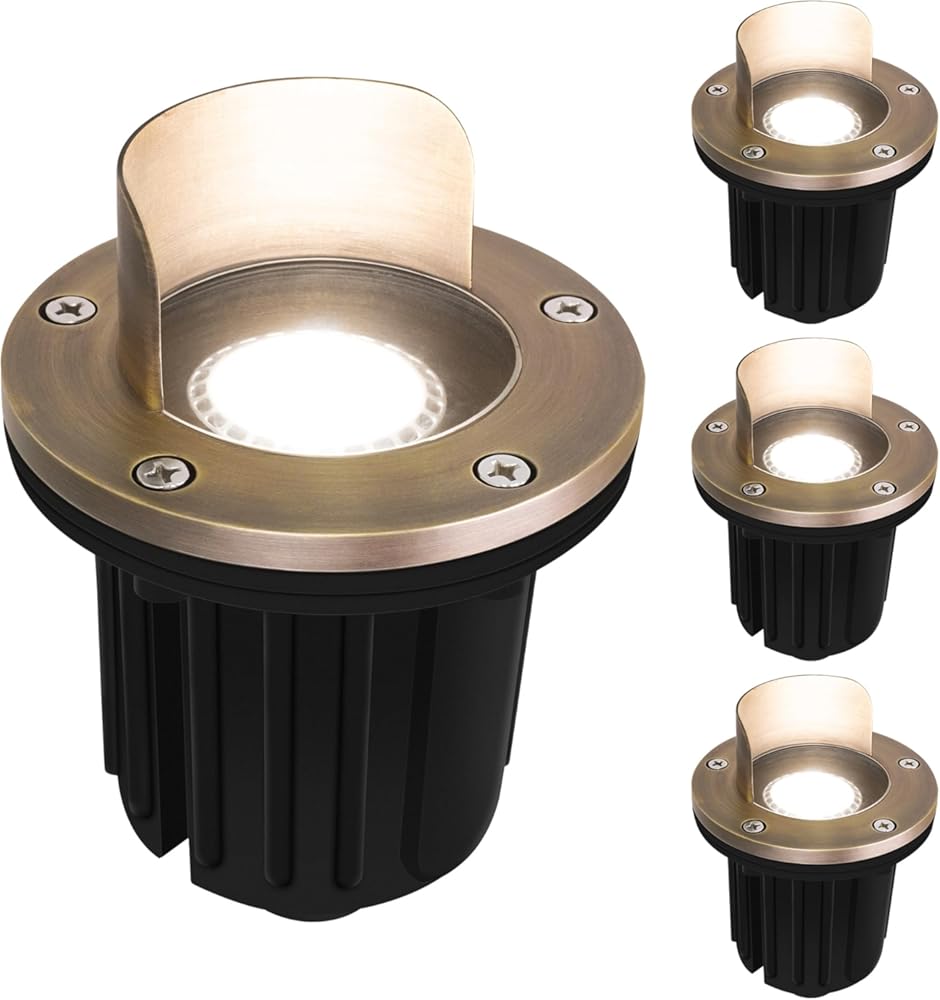 GKOLED 4 Pack, LED Brass Well Lights, 12V IP67 Waterproof Outdoor In Ground Light with MR16 Bulb and Swival Base, Low Voltage Landscape Lighting, 5W 2700K, Up Light for Garden Tree Bushe, Shielded Top