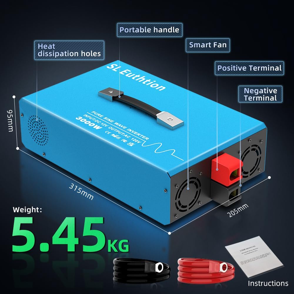 3000W Pure Sine Wave Power Inverte rvoice Control AI Voice Assistant Support English 24V to 120V 60HZ with LCD Display, USB Port, for Car Home Laptop Truck