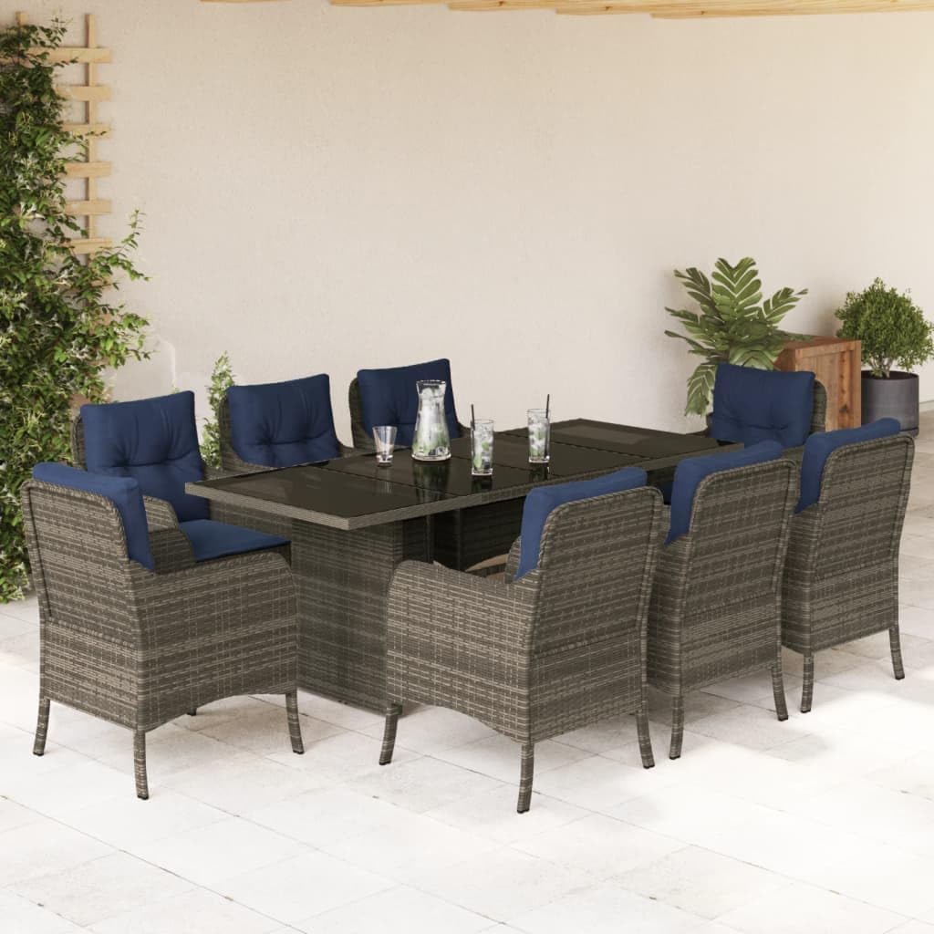 9 Piece Patio Dining Set with Cushions Gray Poly Rattan, Patio Furniture Sets, Outdoor Furniture