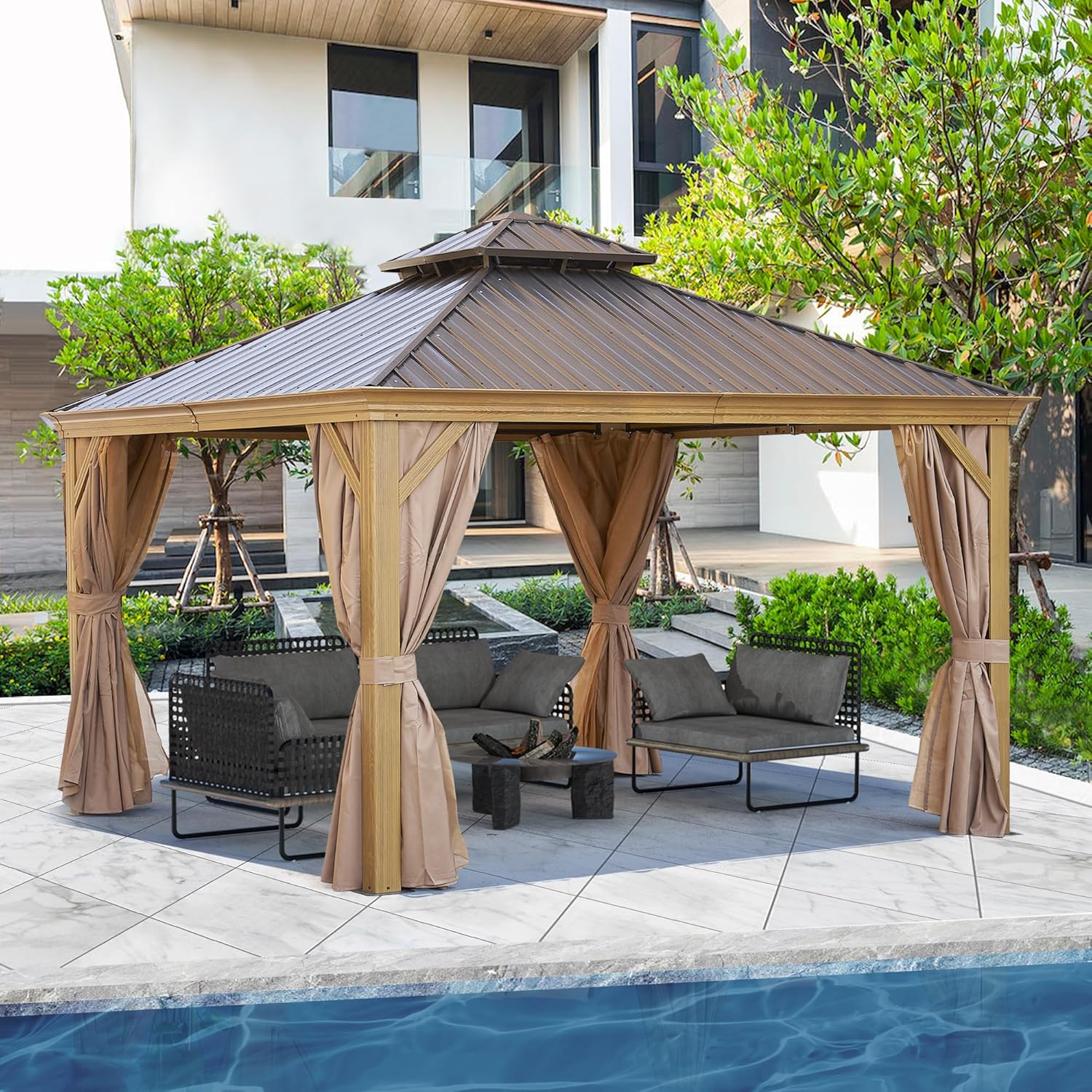 Endark 12x12FT Hardtop Gazebo with Galvanized Steel Double Roof, Outdoor Wood-Look Aluminum Frame Canopy with Netting and Removable Zippered Curtains, Pergolas for Patio, Garden, Lawn and Backyard