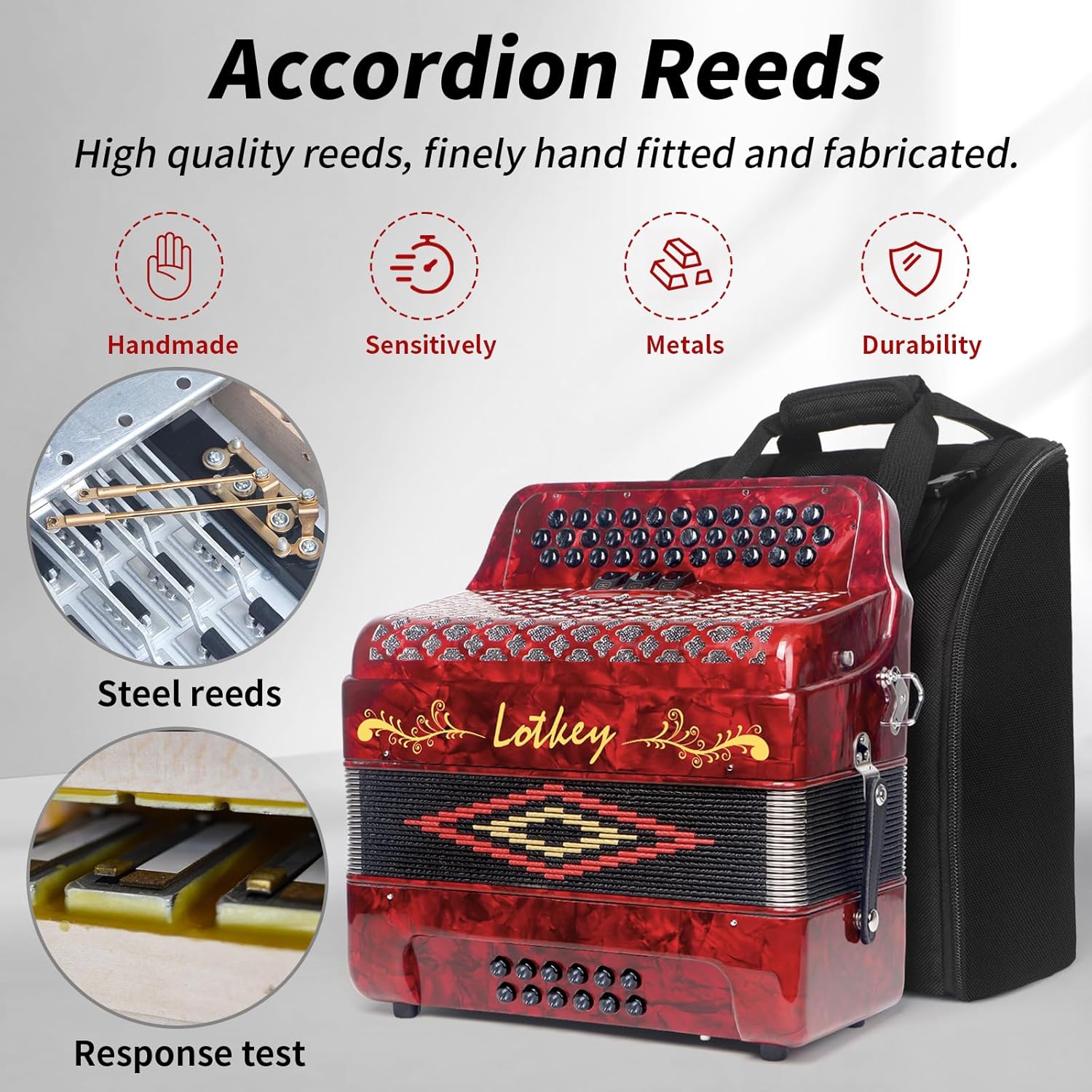 Lotkey 34 Key Diatonic Accordion, 3412 Multi Tone Celluloid Accordions Louder Clearer Timbre than Plastic for Adult, Beginner, Professional with Updated Bag, Straps, Acordeón Wrist Guard (FBE Red)