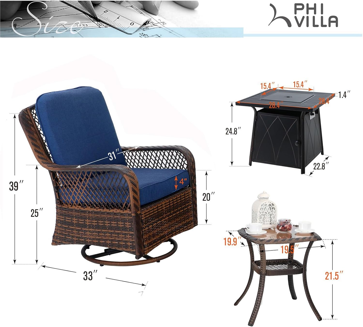 PHI VILLA 4-Piece Outdoor Swivel Rocker Chairs Set with Fire Pit Table, Rattan Patio Furniture Set Supports 350lbs, with 2 Rocking & Swivel Chairs, 1 Coffee Table, and 1 Fire Pit