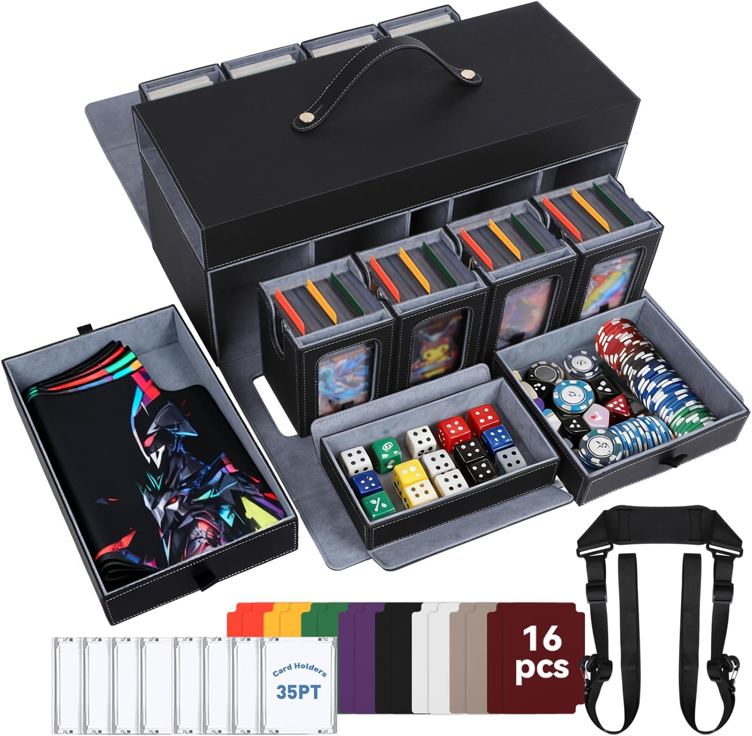 Magic MTG Deck Box & Playmat Storage Box Premium Commander Deck Box, 8 100+ Card Decks Plus & Dice Tray, Strong Magnetic Collectible Card Box, Shoulder Strap, Cards Hold Display Window for TCG/PTCG