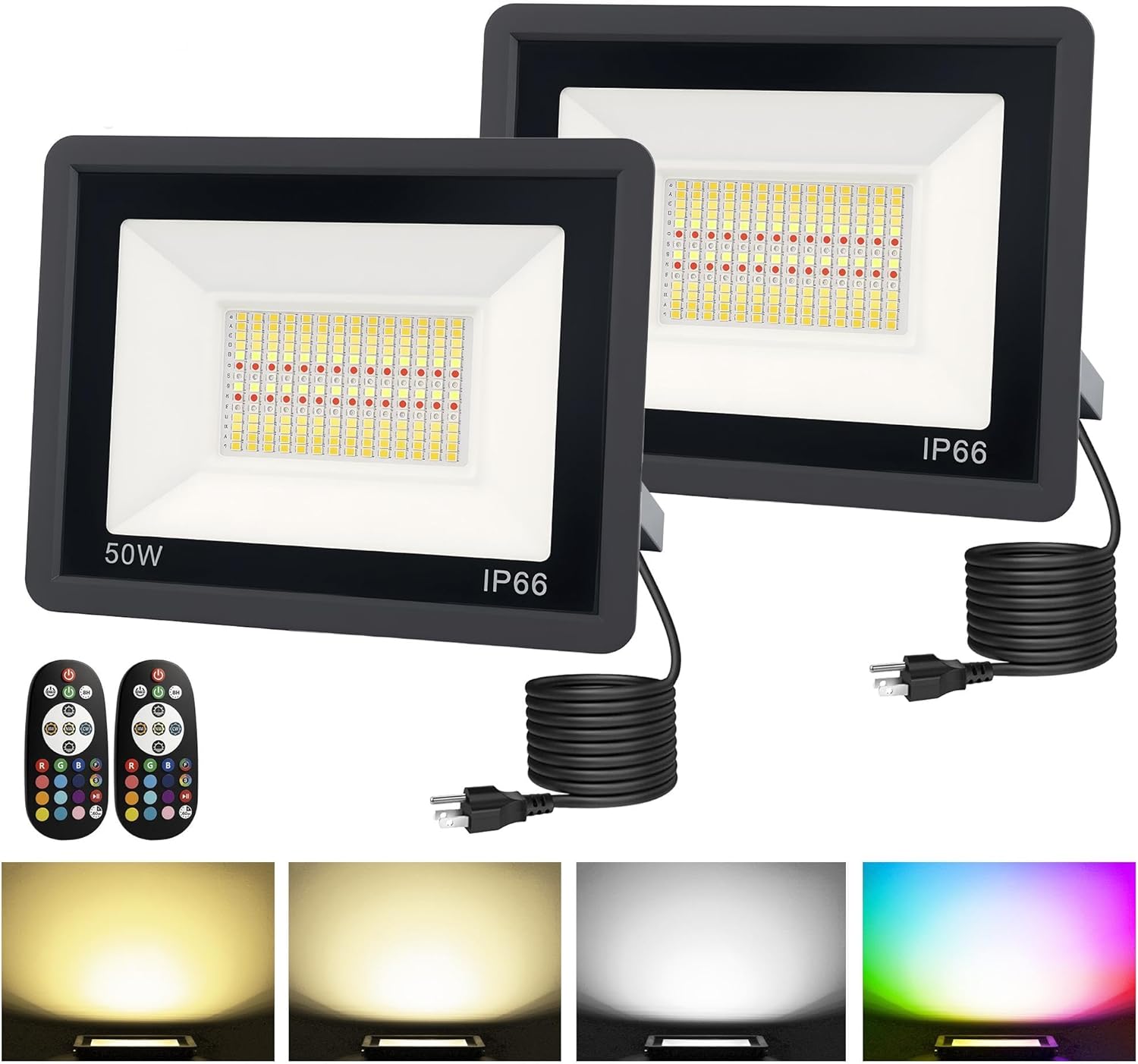 L LOHAS LED 50W Flood Light Outdoor, RGB Landscape Lighting with Remote Control, Timing - 2700K/4500K/6500K - Color Changing for Patio Backyard Step Wall, IP66, US 3-Plug, UL Listed (2 Pack)