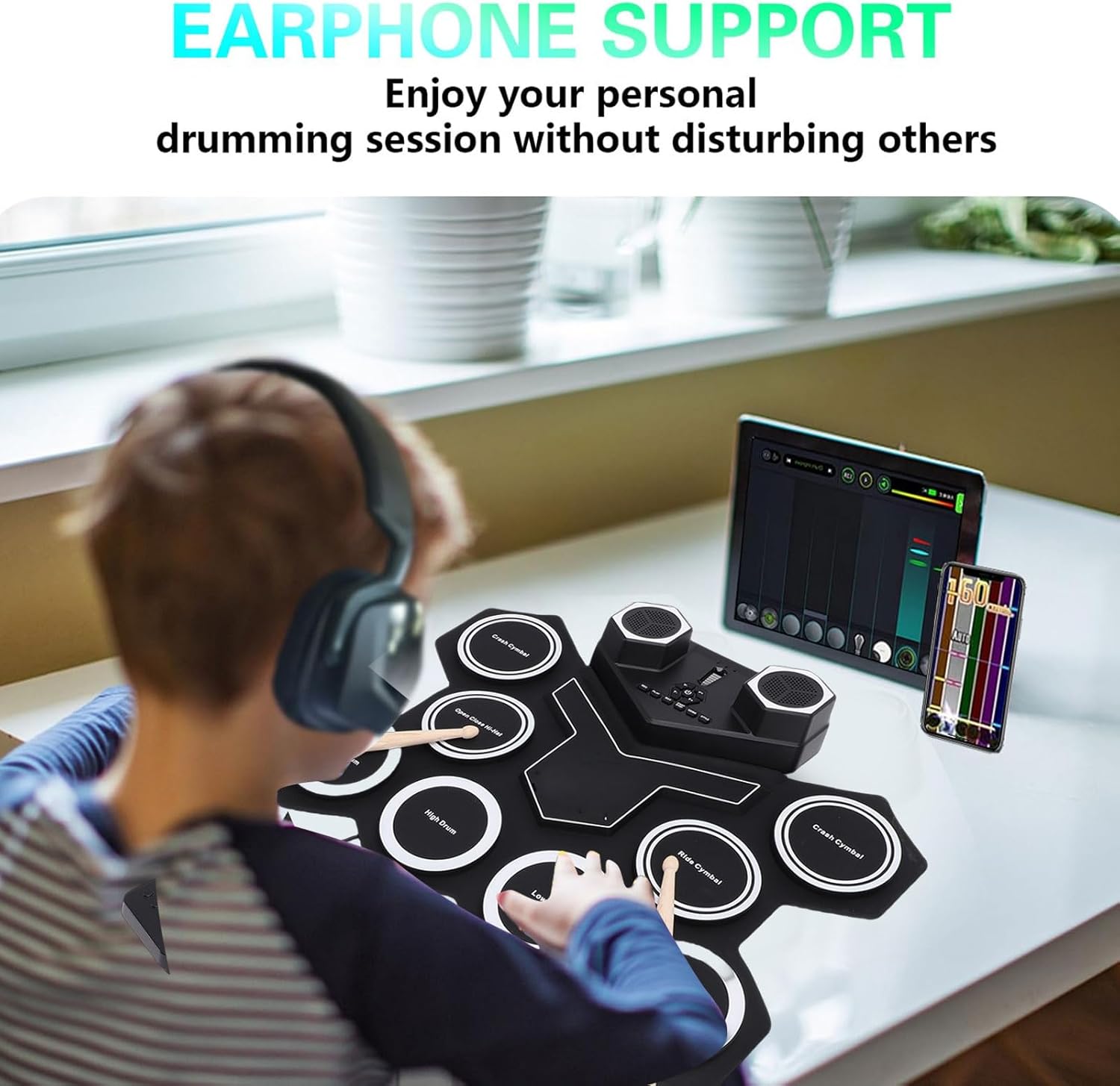 Jiawu Electronic Drum Set, 8 Drum Practice Pads, Electric Roll Up Drums Pad Built in Speaker, Portable Druming Machine with Pedals and Sticks, Rechargeable Instrument for Beginner