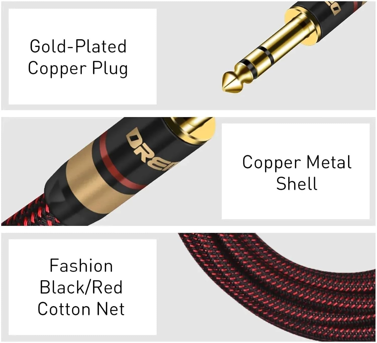 Stereo Audio Line TRS 1/4 Inch Male To Male Guitar Amp Cord 6.5mm To 6.5mm for Guitar Sax Speaker Amplifer Mixer Equalizer(Red-Straight LL,1m)