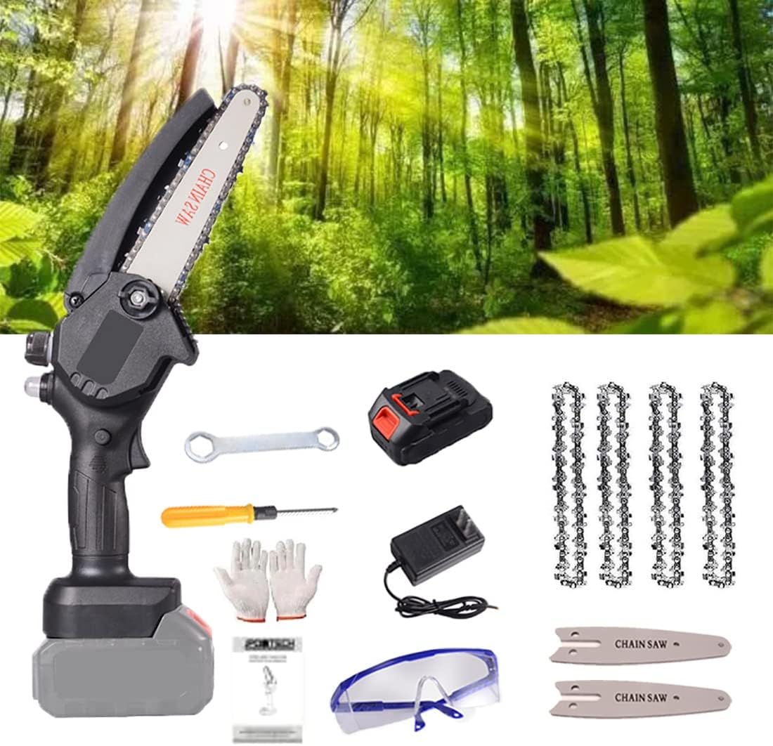 Mini Chainsaw,24V 6 Inch Cordless Battery Powered Chain Saw,one-Hand Chainsaw,Electric Chainsaw, Handheld Mini Chainsaw for Cutting Pruning and Gardening (Color : Black, Battery *1 : 4*Chain)