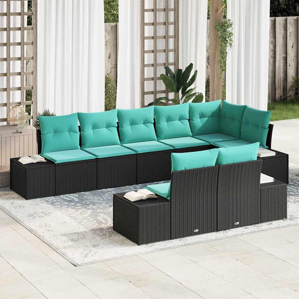 Modular Garden Sofa Set, 8 Pcs Black and Turquoise Poly Rattan Outdoor Furniture, Weather-Resistant Patio Seating with Storage, Reconfigurable Design for Terrace