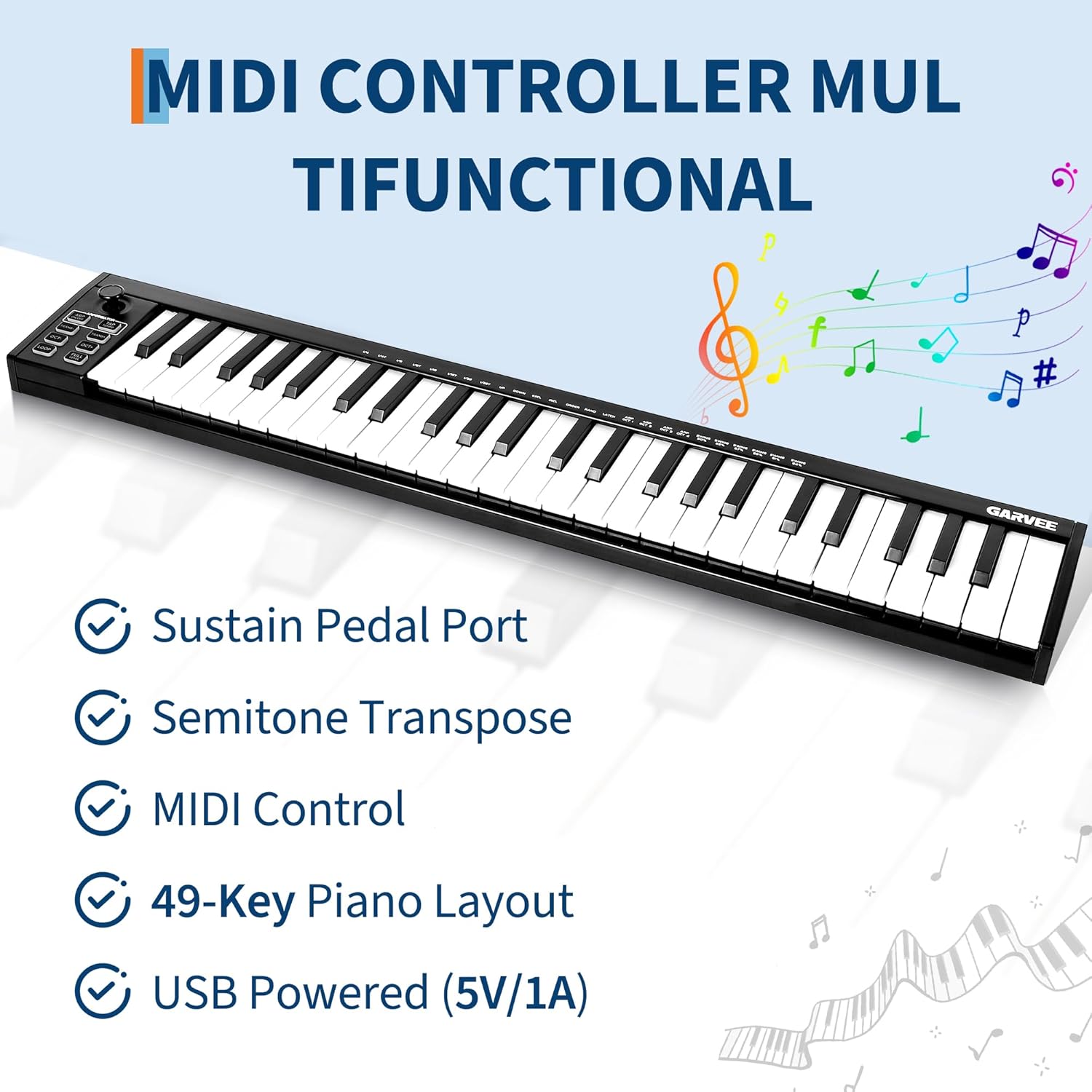49-Key Portable USB MIDI Keyboard Controller - DAW Integration, 8 Speed-Sensitive Drum Pads, OLED Display, Semitone Transposition, ARP Auto Accompaniment - Professional Digital Piano for Music