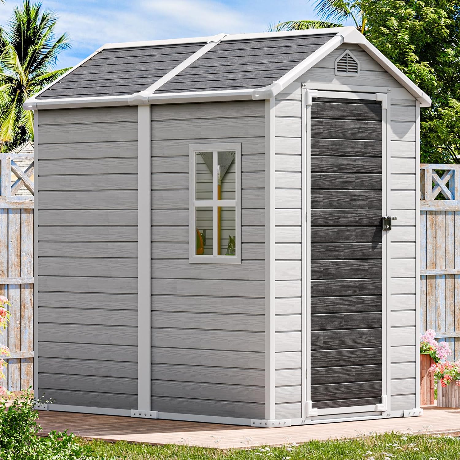 Outdoor Resin Storage Shed 6x4 FT, Large Waterproof Outside Sheds Storage with Floor Window Lockable Door Included, Plastic Sheds for Backyard Garden Patio Lawn Tools, Gray
