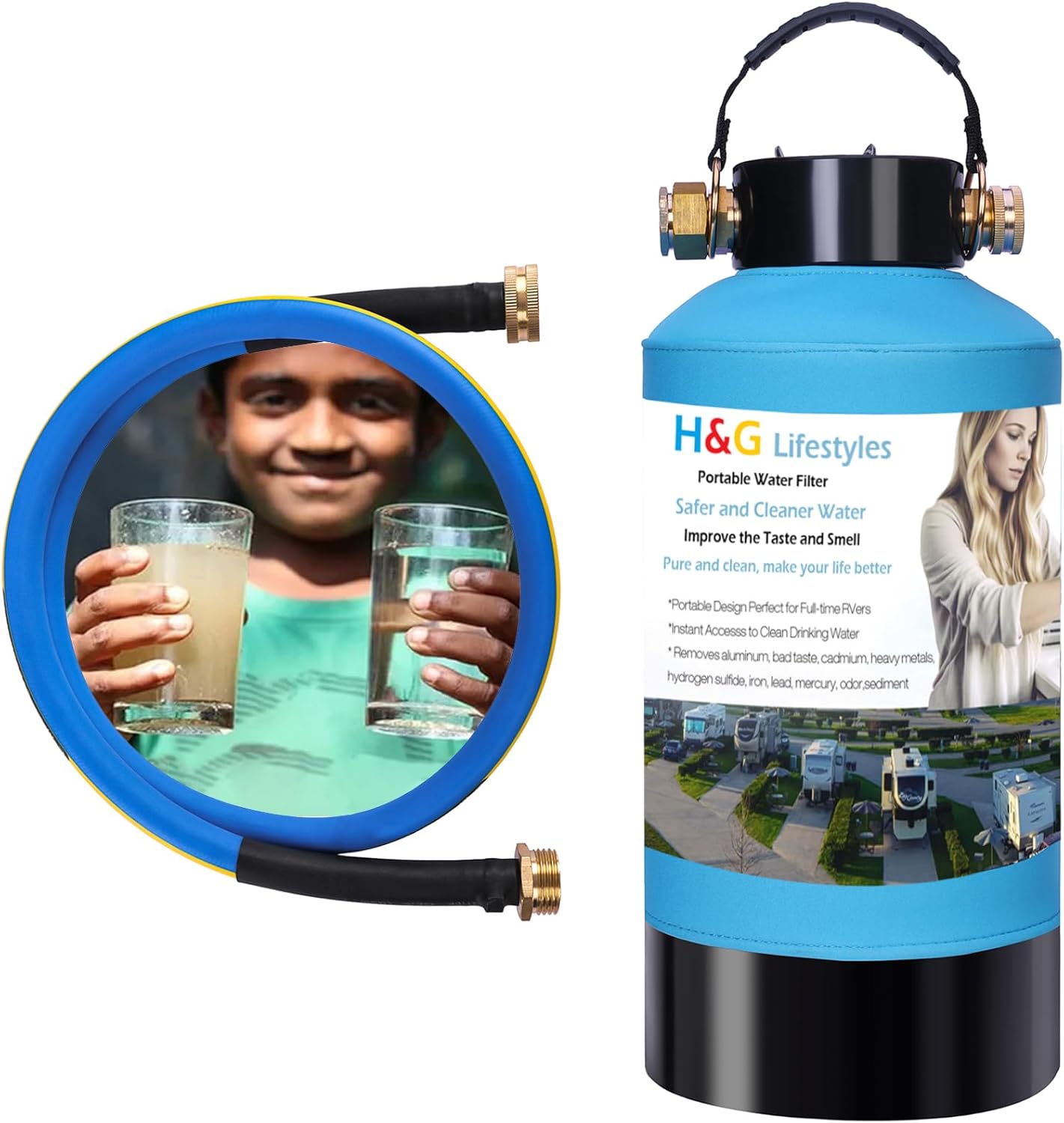 H&G Lifestyles RV Water Filter,Iron Filter for Well Water, Remove Iron Manganese Calcium and Magnesium, RV Water Softener Filtration System for Garden Hose, with 3/4