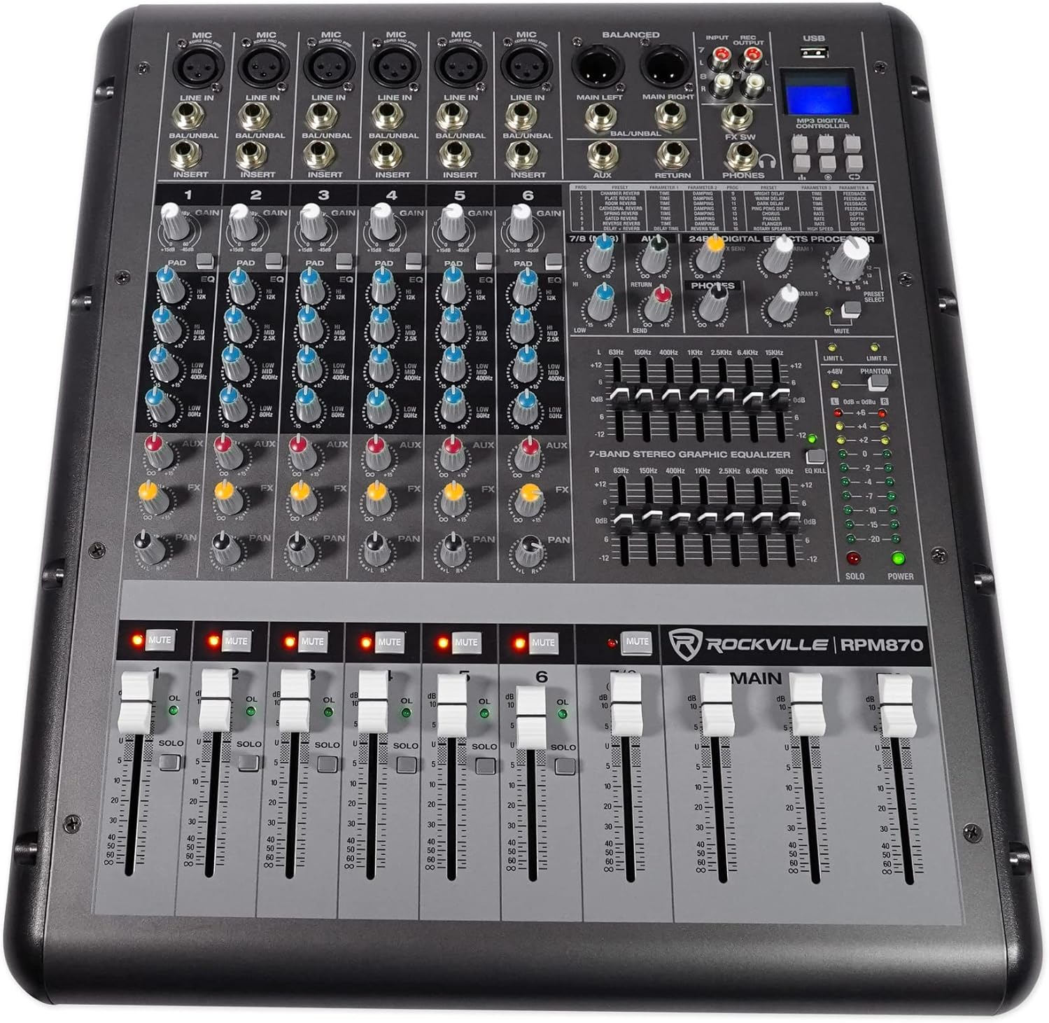 Rockville RPM870 6000w Powered Mixer, 8 Channel, 8 XDR2 Mic Pres, USB, 24-Bit Effects, Bluetooth, for Live Bands and DJs