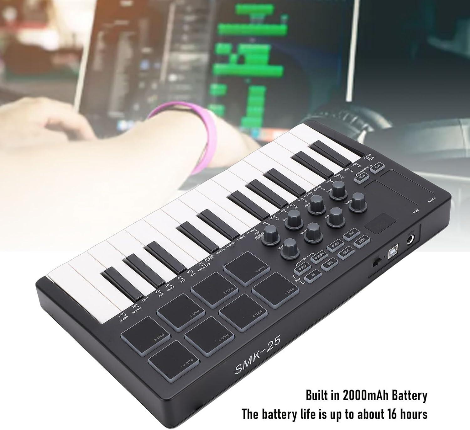 MIDI Keyboard, Portable 25 Keys Controller Keyboard with RGB Backlit Pads 8 Knobs for Music Production