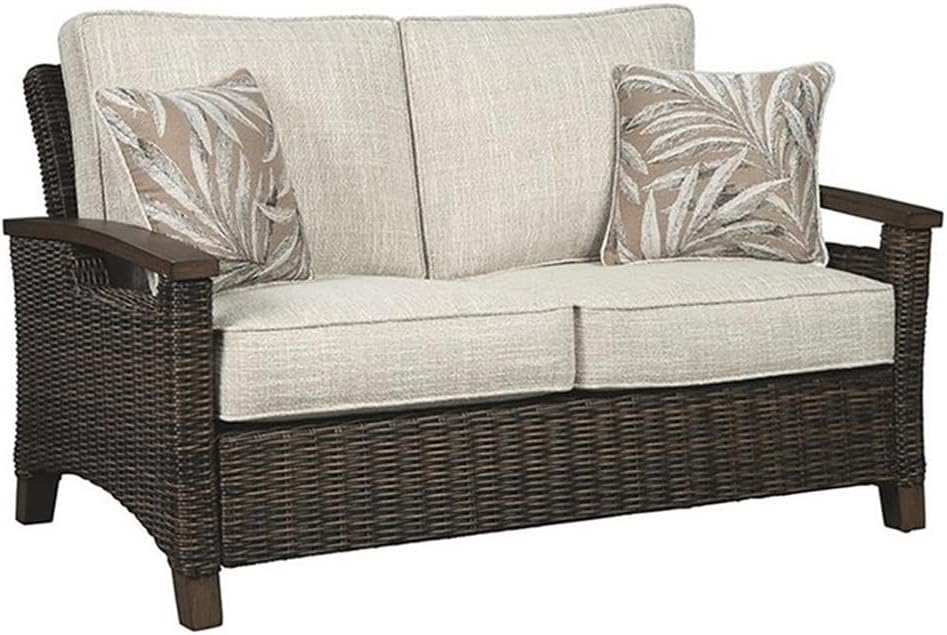 Home Square Set of 2 Patio Round Fire Pit Table and Loveseat in Medium Brown