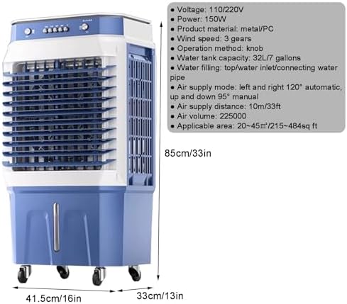 Evaporative Air Cooler, 3 in 1 Swamp Cooler with 4 Ice Crystal Box, Air Conditioner Portable with 3 Speeds, 2 Modes, Knobs for Outdoor, Office, Home(85cm/33in)