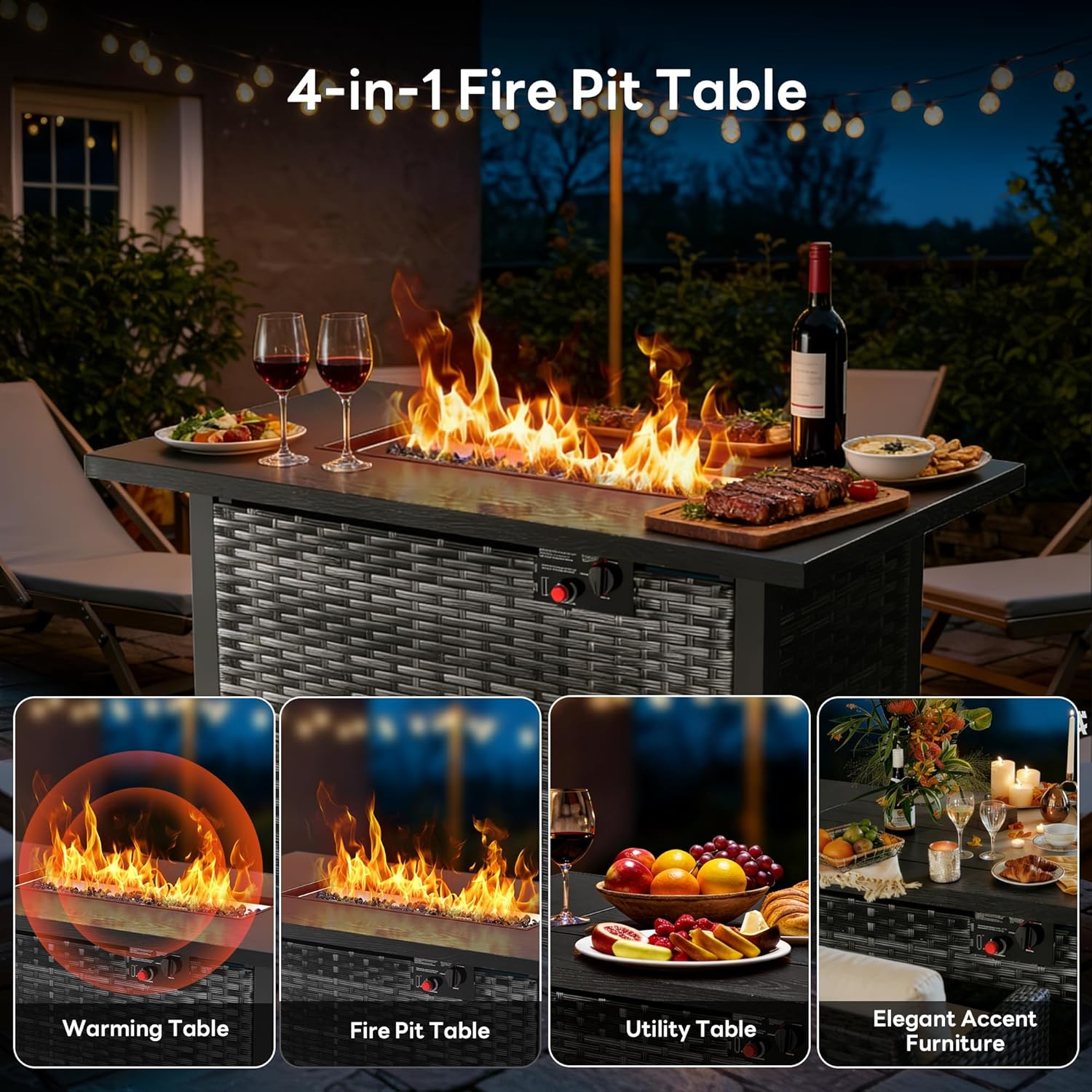 43” Outdoor Propane Fire Pit Table, 50,000 BTU Square Rattan Gas Fire Pit with Lid & Blue Crystal Stones, Steel Tabletop, Adjustable Flame, 4-in-1 FirePit Table for Patio, Backyard, Outdoor Gatherings