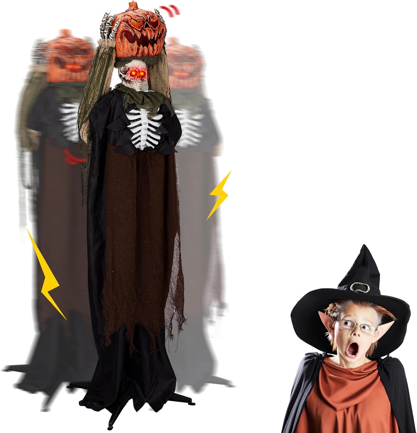 VINGLI 5.6ft Pumpkin Man Life Size Animatronic – Sound Activated, Light-Up Eyes (orange), Head Movement, Battery Operated Indoor Outdoor Yard Decor, Haunted House Scary Decoration, Motion Sensor Hallo