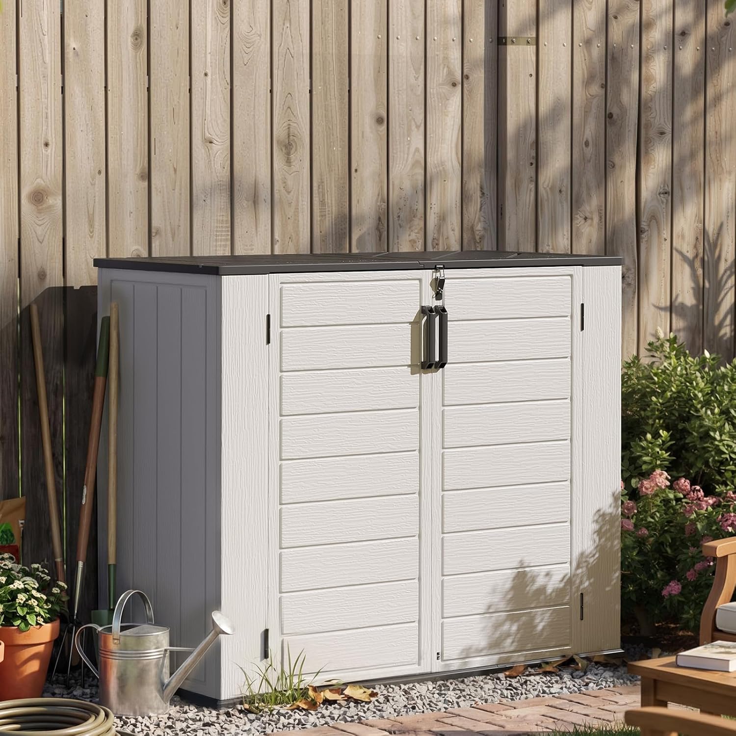 Aoxun Outdoor Storage Cabinet, 41 Cu Ft Waterproof Portable Horizontal Resin Shed Outdoor Storage for Garbage Bin, Generators & Yard Gear (White)