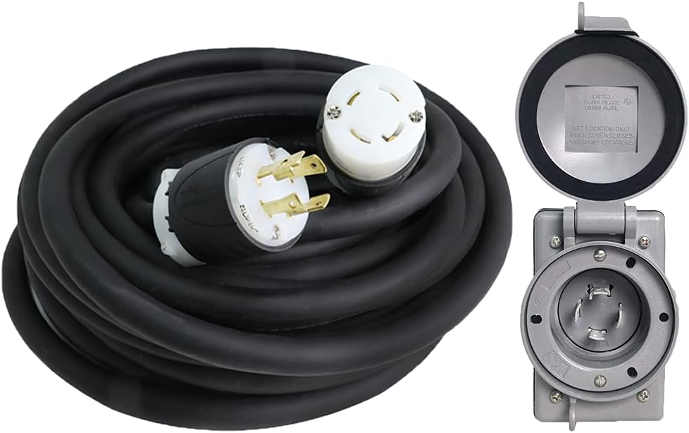 Iron Box NEMA L14-30 Generator Extension Cord + Inlet Box - 30A, 125/250V, 10/4 SOOW - UL Listed Part # IBX-5805IN10G-10 (10, 10/4 SOOW)