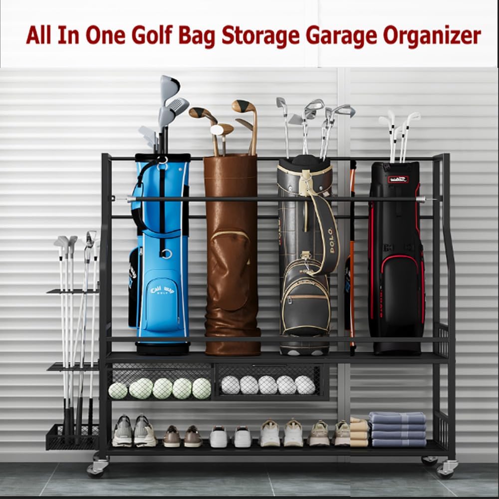 Golf Bags Storage Garage Organizer,Golf Bag Stand for 4 Golf Bags, Clubs, Balls, Golf Equipment Accessories, Golf Bag Storage Rack with Wheels