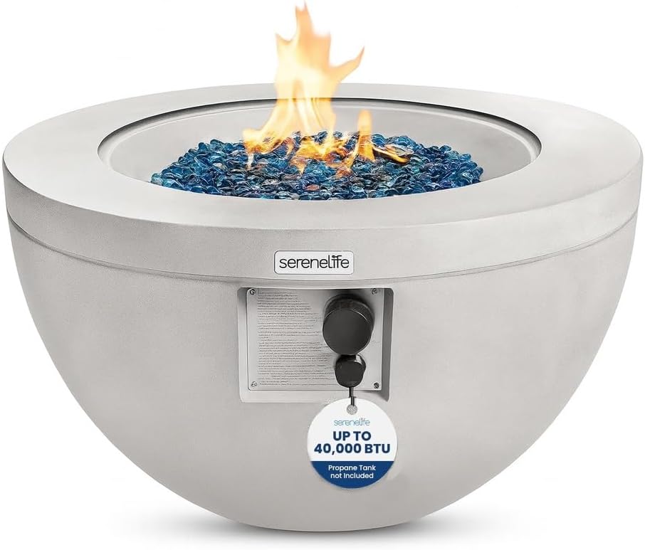 SereneLife SLNFBAL7 Propane Fire Pit Table – 40,000 BTU Outdoor Gas Fire Table w/Adjustable Flame Control, CSA/ETL Certified, Weather-Resistant, Thermocouple Safety, PVC Cover & Lava Rocks