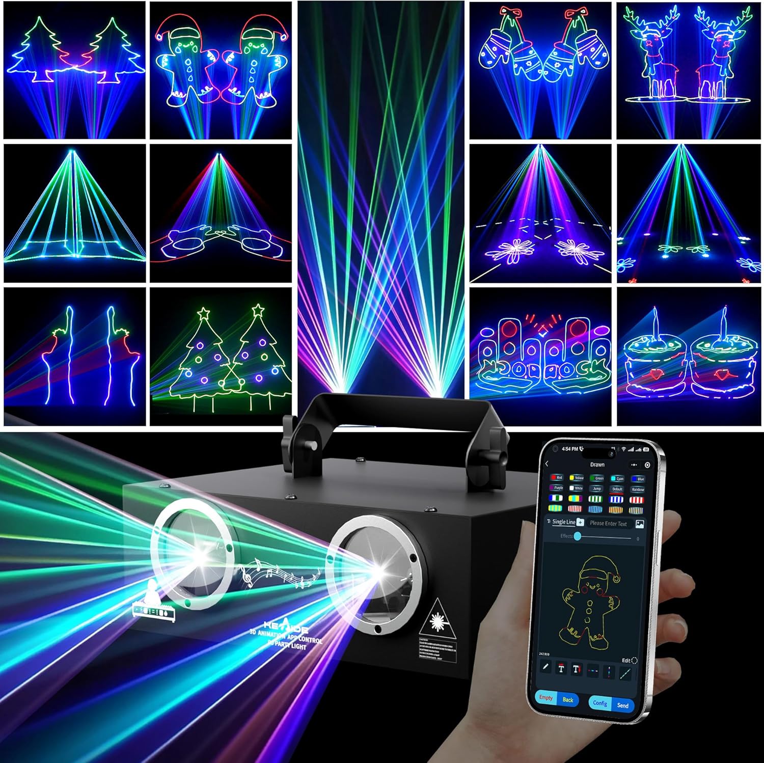 DJ Laser Lights with APP Control, Custom Laser Projector, 3D Animation,Beam Effect,DMX512, Full Color, Supports Text, Programming, Drawings, Sound Activated, Laser Machine for Disco Stage Karaoke Bars