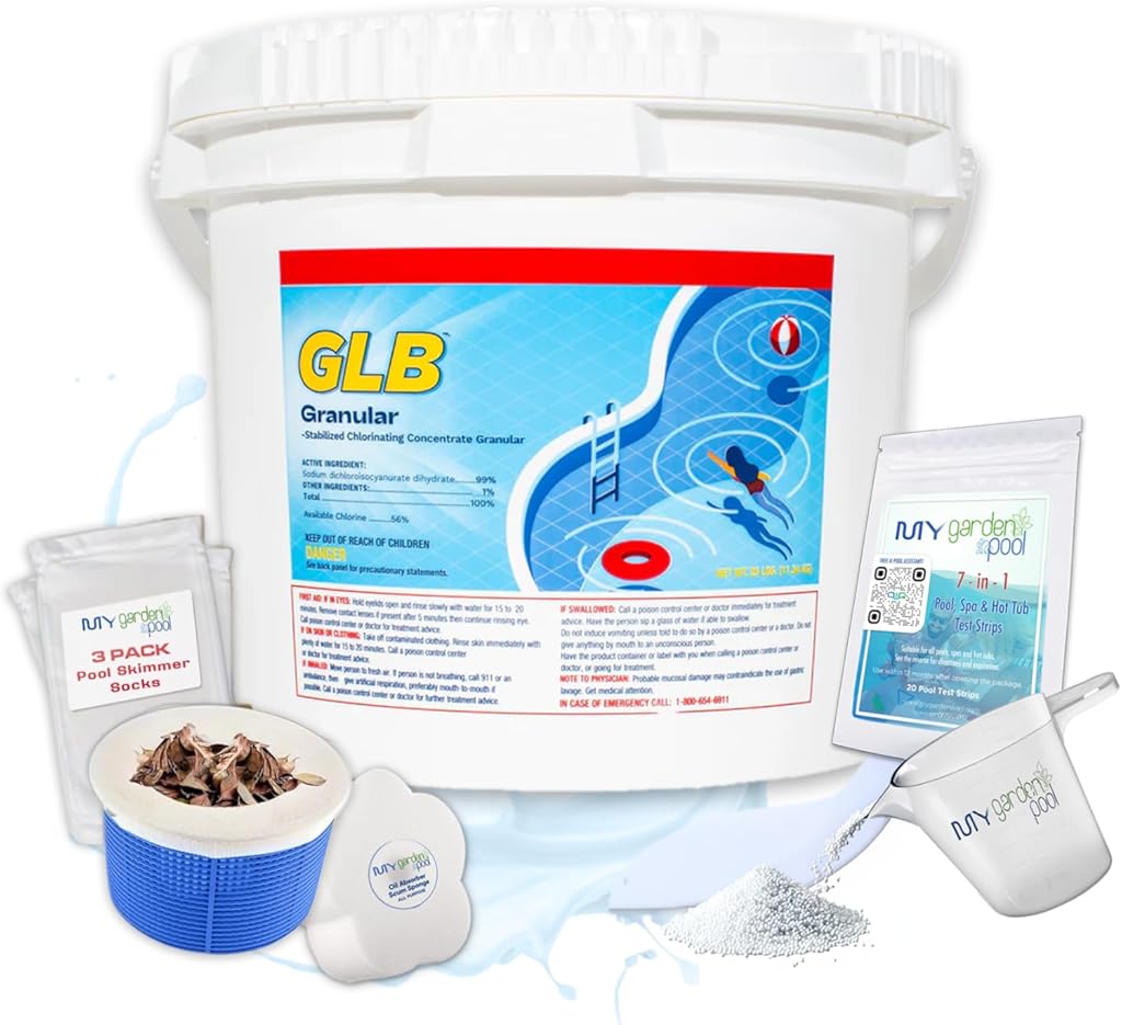 GLB Granular 25 lb Chlorine Shock – with My Garden Pool Skimmer Socks (2 ct), Scum Sponge, 7-in-1 Pool & Spa Test Strips (20 ct) & Measurement Cup – Pool Sanitizer Bundle for Clear Water