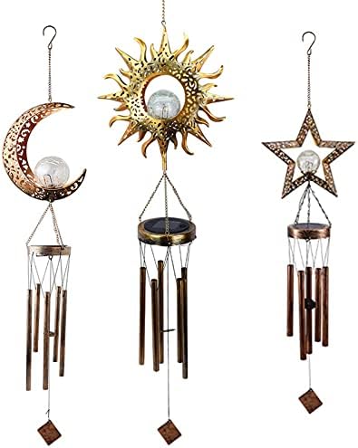 Wind Chimes Solar Lights Outdoor Waterproof Hanging Aeolian Bells Solar Lamp with Moon Star Sun Shape for Party Garden Festival(3PCS)