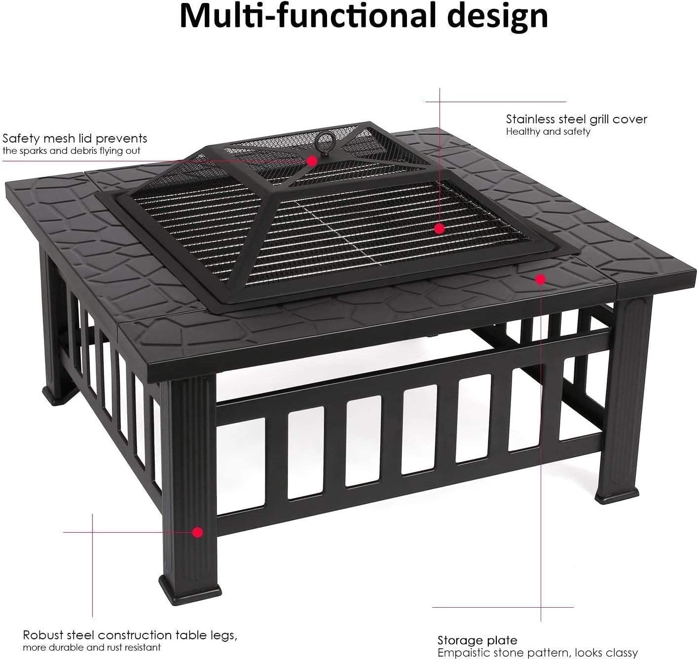 3 in 1 Outdoor Brazier Large Fire Pit Outdoor Metal Brazier Square Table with Waterproof Cover BBQ Grill Shelf Suitable for Camping Bonfire Patio Backyard