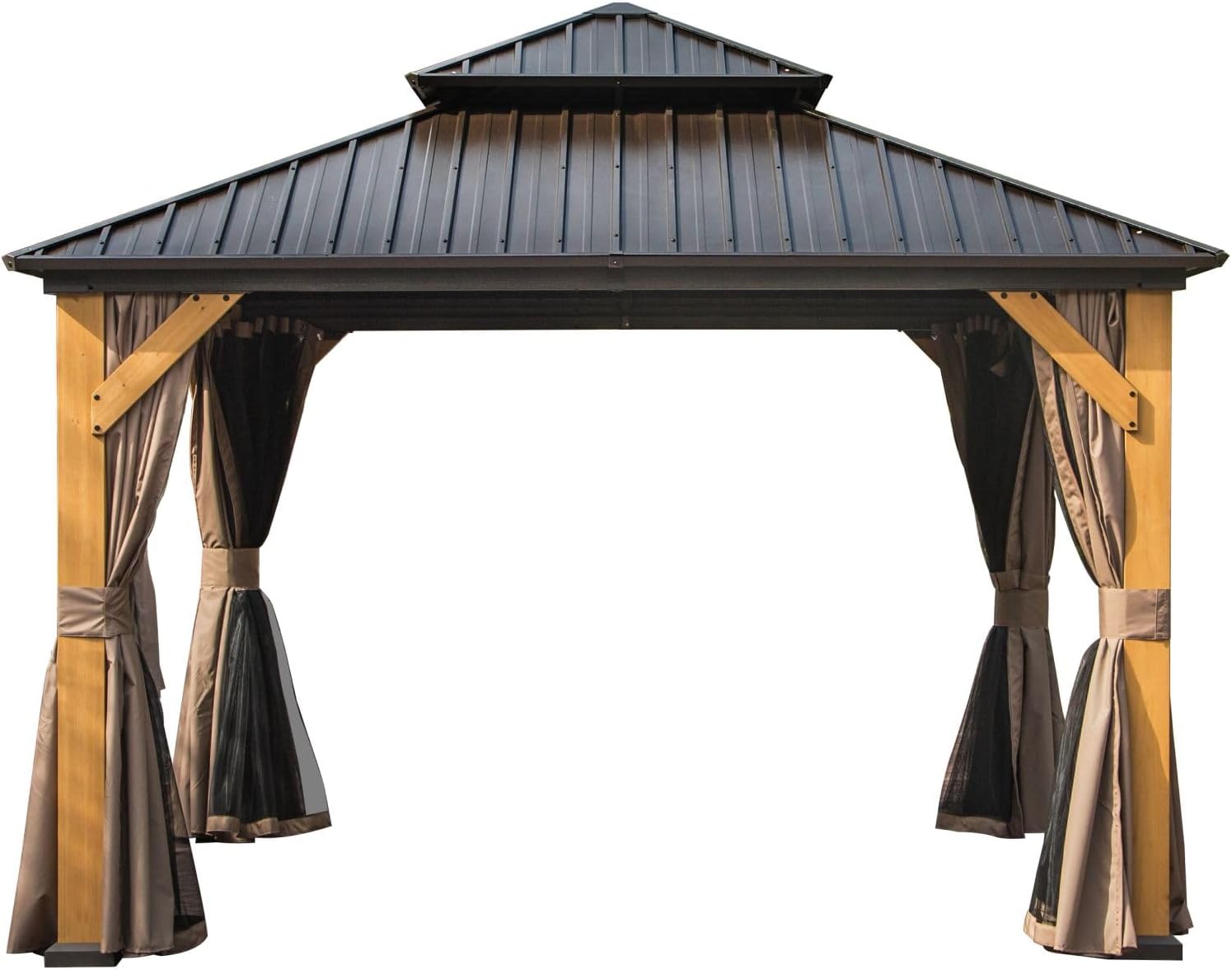 12'x12' Hardtop Cedar Wood Frame Canopy with Galvanized Steel Double Roof, Permanent Outdoor Metal with Curtains Netting for Patio, Backyard, Lawn (Brown)