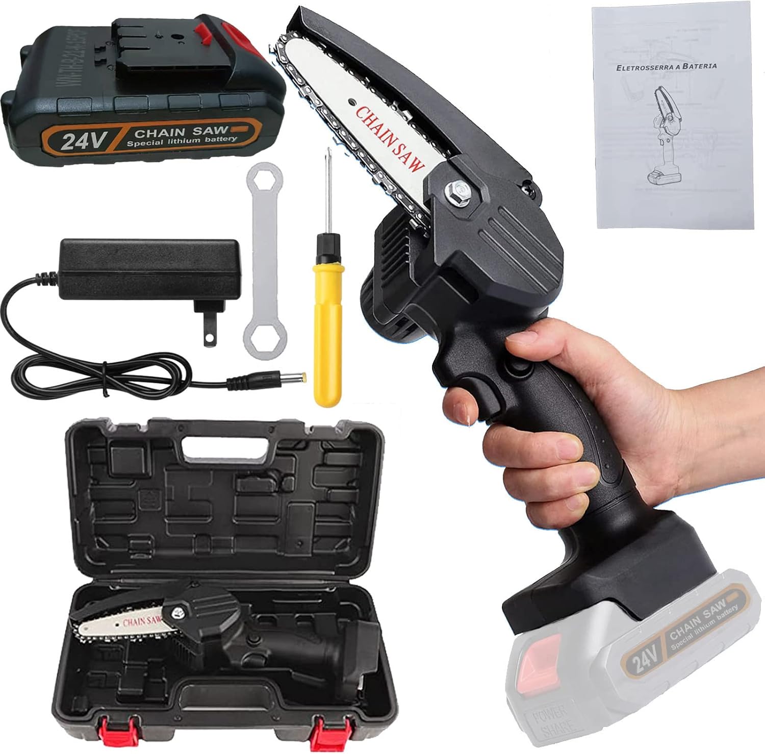 Mini Chainsaw Cordless, FENOMO Portable 4 Inch One-Handheld Electric Chainsaw | Rechargeable 24V Battery Powered Chain Saw Kit for Tree Pruning Trimming and Wood Cutting(Black)