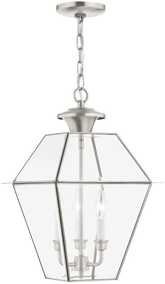 Livex Lighting 2385-91 Transitional Three Light Outdoor Pendant from Westover Collection in Pwt, Nckl, B/S, Slvr. Finish, 12.00 inches, 18.50x12.00x12.00, Brushed Nickel