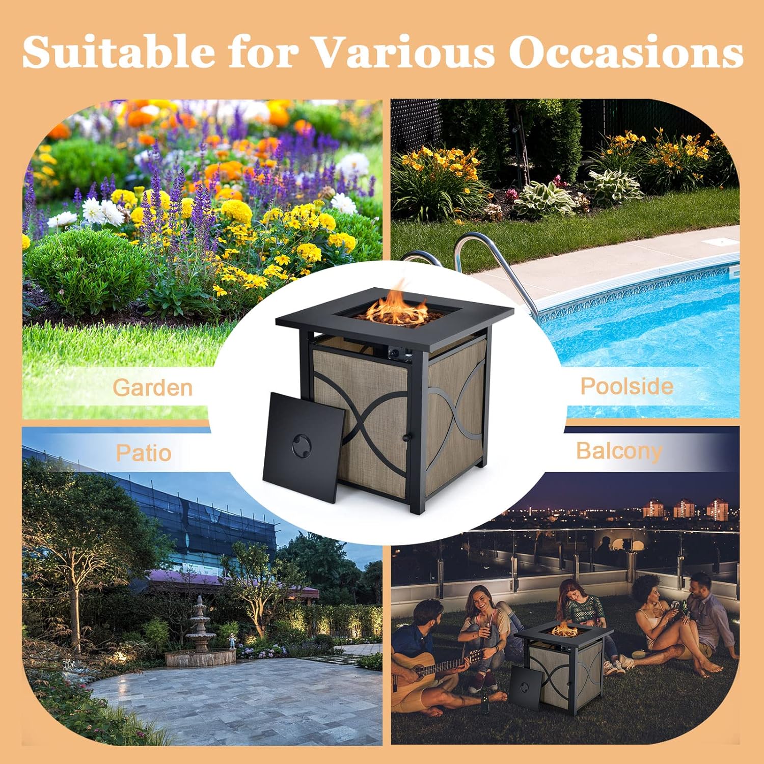 S AFSTAR Outdoor Fire Table, 40,000 BTU Square 25” Fire Pit Table w/Lid, Glass Stones, 2-in-1 Auto-Ignition Propane Tank Gas Fire Table Coffee Table for Outside Patio Porch Yard (25